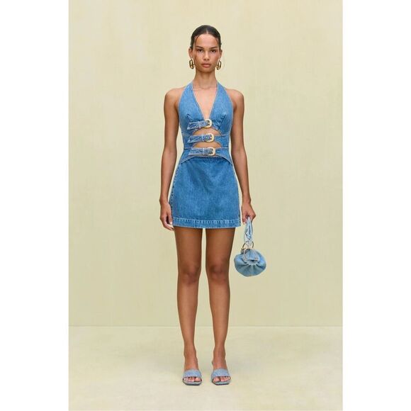 Commense Denim Halter Buckle Mini Dress Women’s Medium 4-6 Casual Chic - Picture 2 of 6